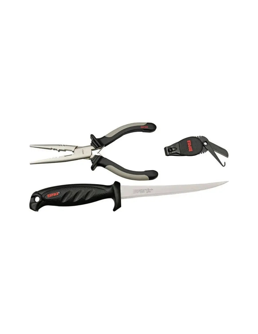 Rapala Combo cutit filetat 16cm + cleste + dispozitiv taita fir textil